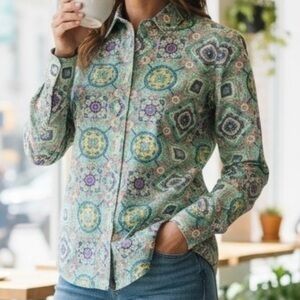 Talbots Cotton Button Front Long Sleeve Pattern Shirt | Small